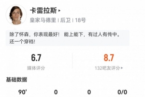 开云体育网址-卡雷拉斯西甲首秀数据：123次触球全场最多，2关键传球，评分6.7